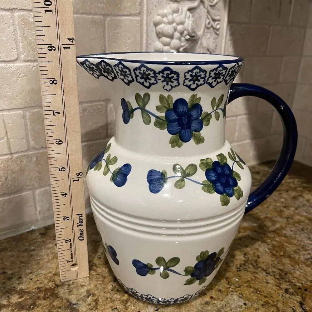 Tabletops Gallery Pitcher 8.5 Inch‎ Nicolette White Blue Flowers Ceramic